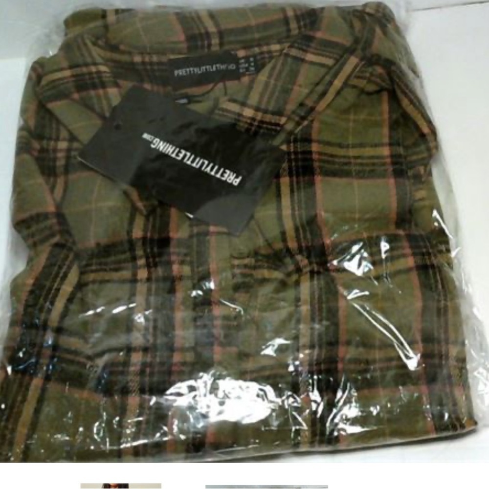 NEW Pretty Little Things Check Womens Oversized Cuff Shirt Size 4 Olive - Picture 2 of 3